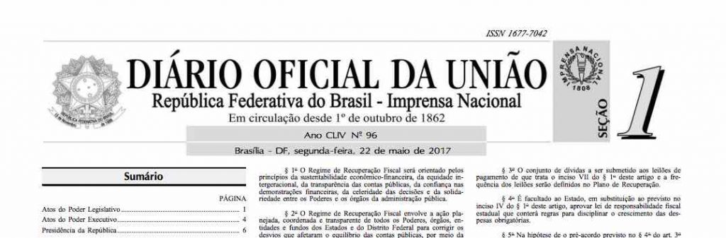 Lei de recuperação fiscal dos estados é publicada no Diário Oficial