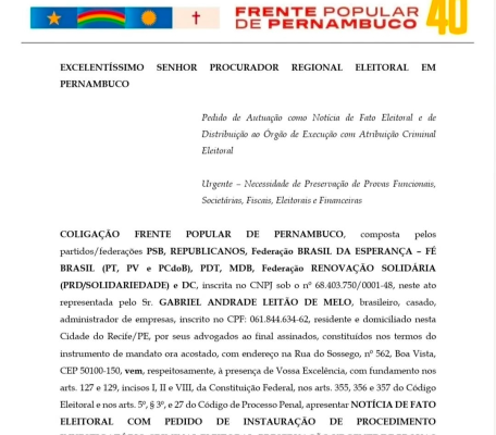 Frente Popular ingressa com Notícia de Fato para denunciar policial acusado de receber da campanha de Raquel