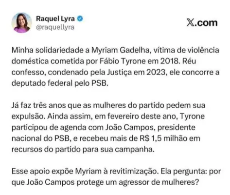 Raquel Lyra questiona PSB sobre candidatura de Fábio Tyrone e manifesta apoio a Myriam Gadelha
